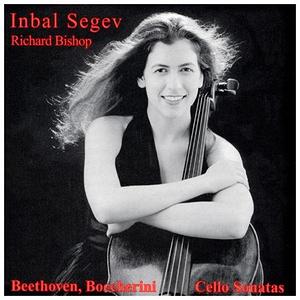 The cover to Inbal Segev's Beethoven and Bocherini Cello Sonatas album featuring her hugging her cello with her hair flowing behind her.