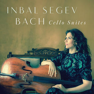 The album cover of Inbal Segev's album of Bach's Cello Suites which features Inbal sitting on an ornate bench next to her cello, looking up and wearing a green and black patterned dress.