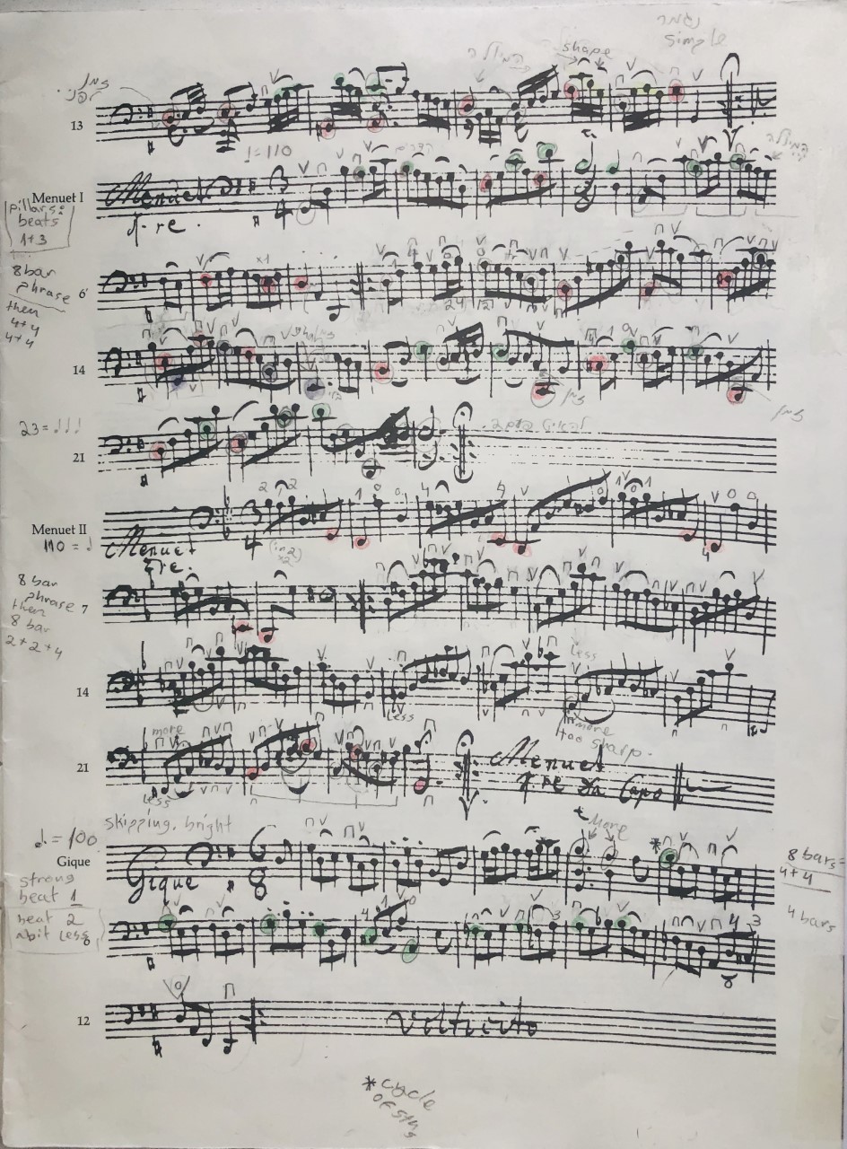 A manuscript of Bach's Cello Suite no. 1 in G major.
